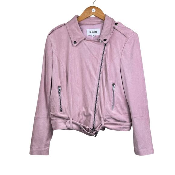 BB Dakota Blush Pink Faux Suede Asymmetrical Zip Belted Biker Moto Jacket - Picture 7 of 14